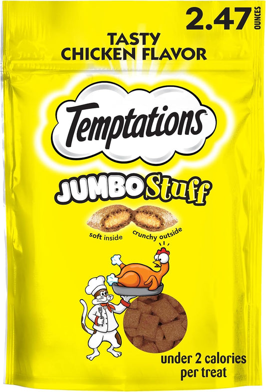 Jumbo Stuff Crunchy & Soft Cat Treats, Chicken, 2.5 Oz, 12 Pack | Crunchy Outside, Soft Inside, under 2 Calories per Treat, Resealable Stay-Fresh Pouches, 100% Complete & Balanced