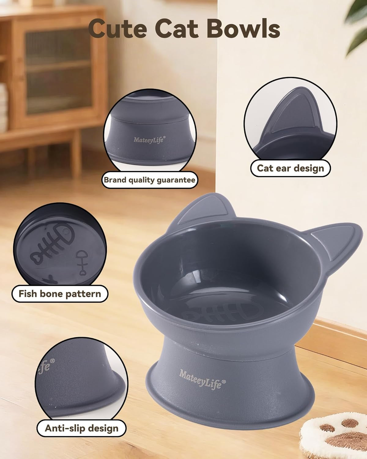 2 Pack Elevated Cat Food Bowls for Indoor Cats & Kittens | Raised Food and Water Bowl Set, Whisker Friendly & anti Vomit Feeding Pet Bowls, 6 Oz Each, Dishwasher Safe - White & Grey