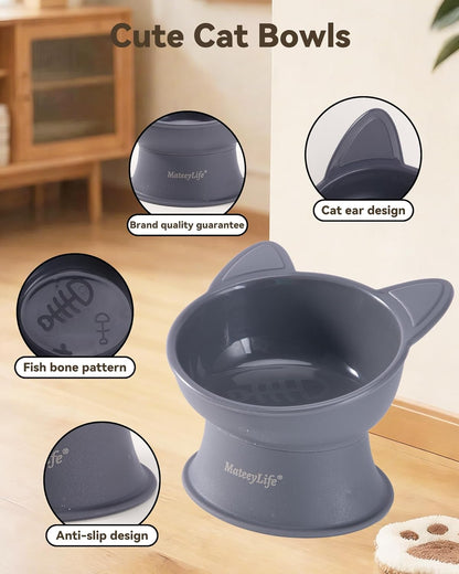 2 Pack Elevated Cat Food Bowls for Indoor Cats & Kittens | Raised Food and Water Bowl Set, Whisker Friendly & anti Vomit Feeding Pet Bowls, 6 Oz Each, Dishwasher Safe - White & Grey