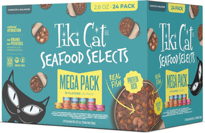 Tiki Cat Seafood Selects Variety Pack, High Protein with Real Flaked Fish, Wet Cat Food Mega Pack for Adult Cats, 2.8Oz. Can (24 Count)