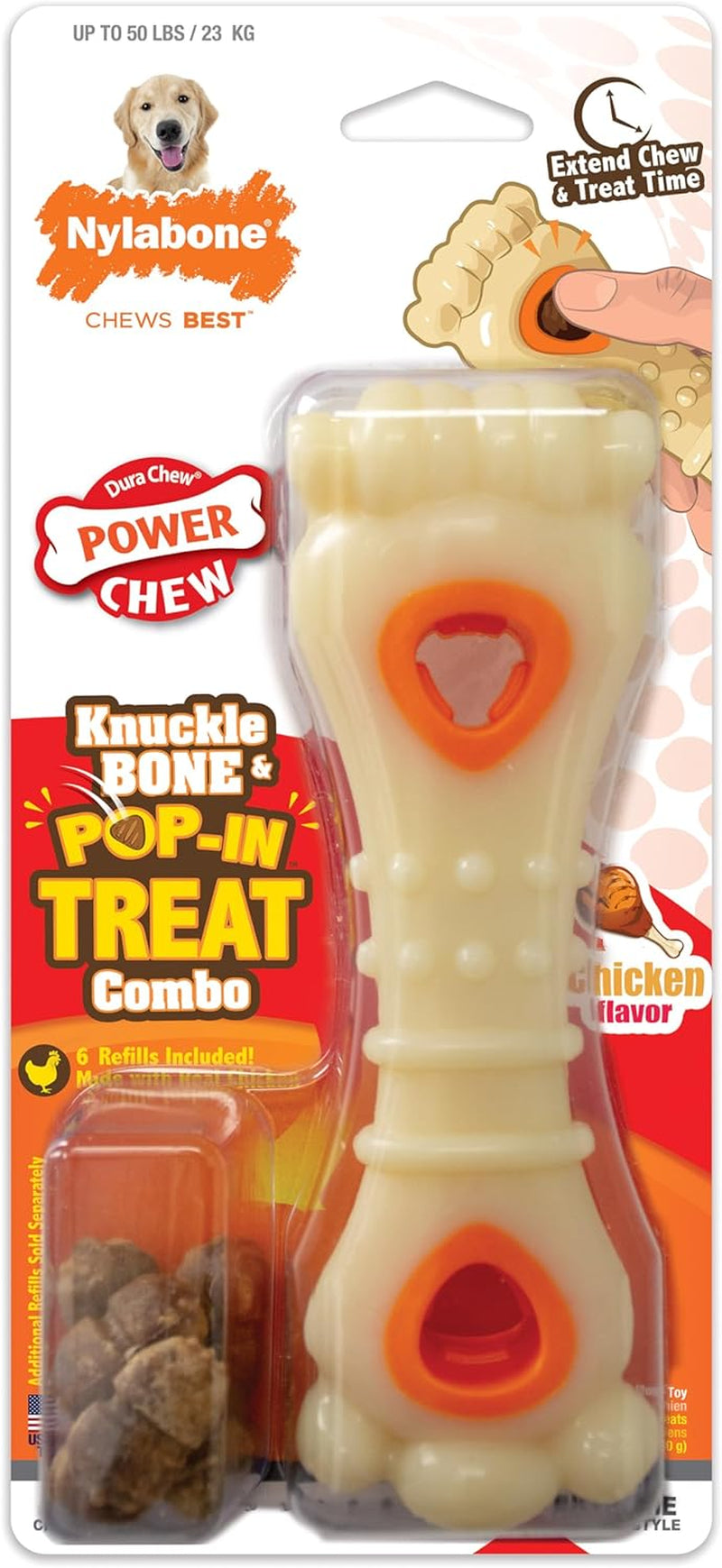 Power Chew Knuckle Bone & Pop-In Dog Treat Toy, Large | Chicken Flavor, Includes 6 Natural Treats, Dog Enrichment, Interactive Dog Toys to Keep Them Busy, for Dogs up to 50 Lbs