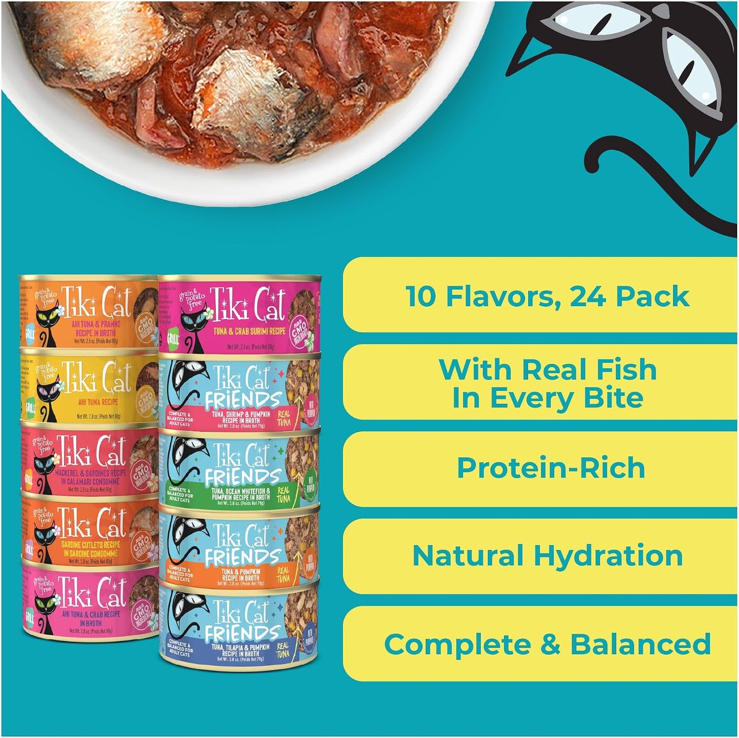 Tiki Cat Seafood Selects Variety Pack, High Protein with Real Flaked Fish, Wet Cat Food Mega Pack for Adult Cats, 2.8Oz. Can (24 Count)