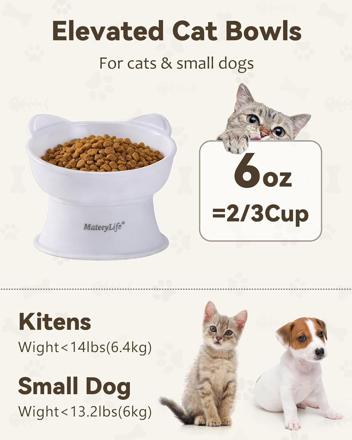 2 Pack Elevated Cat Food Bowls for Indoor Cats & Kittens | Raised Food and Water Bowl Set, Whisker Friendly & anti Vomit Feeding Pet Bowls, 6 Oz Each, Dishwasher Safe - White & Grey