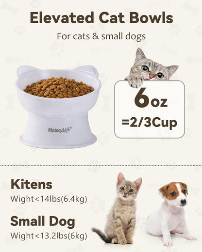 2 Pack Elevated Cat Food Bowls for Indoor Cats & Kittens | Raised Food and Water Bowl Set, Whisker Friendly & anti Vomit Feeding Pet Bowls, 6 Oz Each, Dishwasher Safe - White & Grey