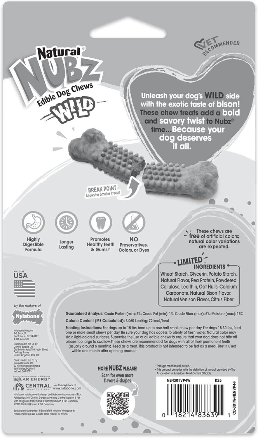Nubz Wild Natural Dog Treats, Bison Flavor, Small, 4 Count | Long Lasting Dog Chews, Made in USA, Limited Ingredients, Highly Digestible, Dog Dental Treats for Small Dogs up to 30 Lbs