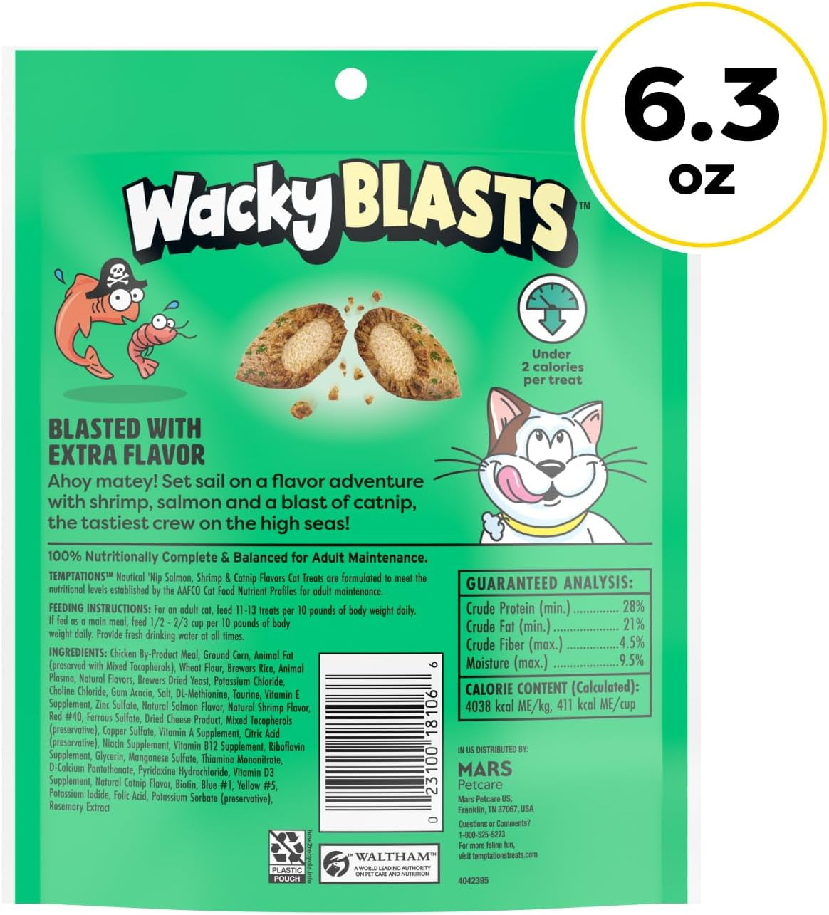 Wacky Blasts Cat Treats, Nautical 'Nip Flavor, 6.3 Oz, 10 Pack | Salmon, Shrimp & Catnip Flavor Bits, Crunchy Outside/Soft Inside, under 2 Cal per Treat, 100% Complete Nutrition, Resealable