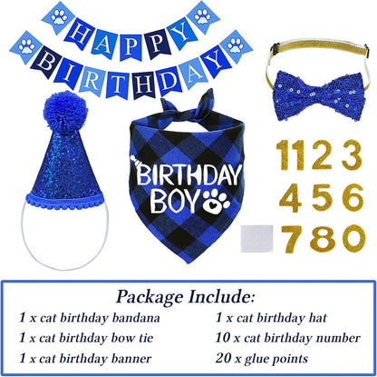 Cat Birthday Party Supplies, Cat Birthday Hat with Numbers Bandana Bow Tie Collar Banner for Cats Kittens Birthday Outfit Decorations