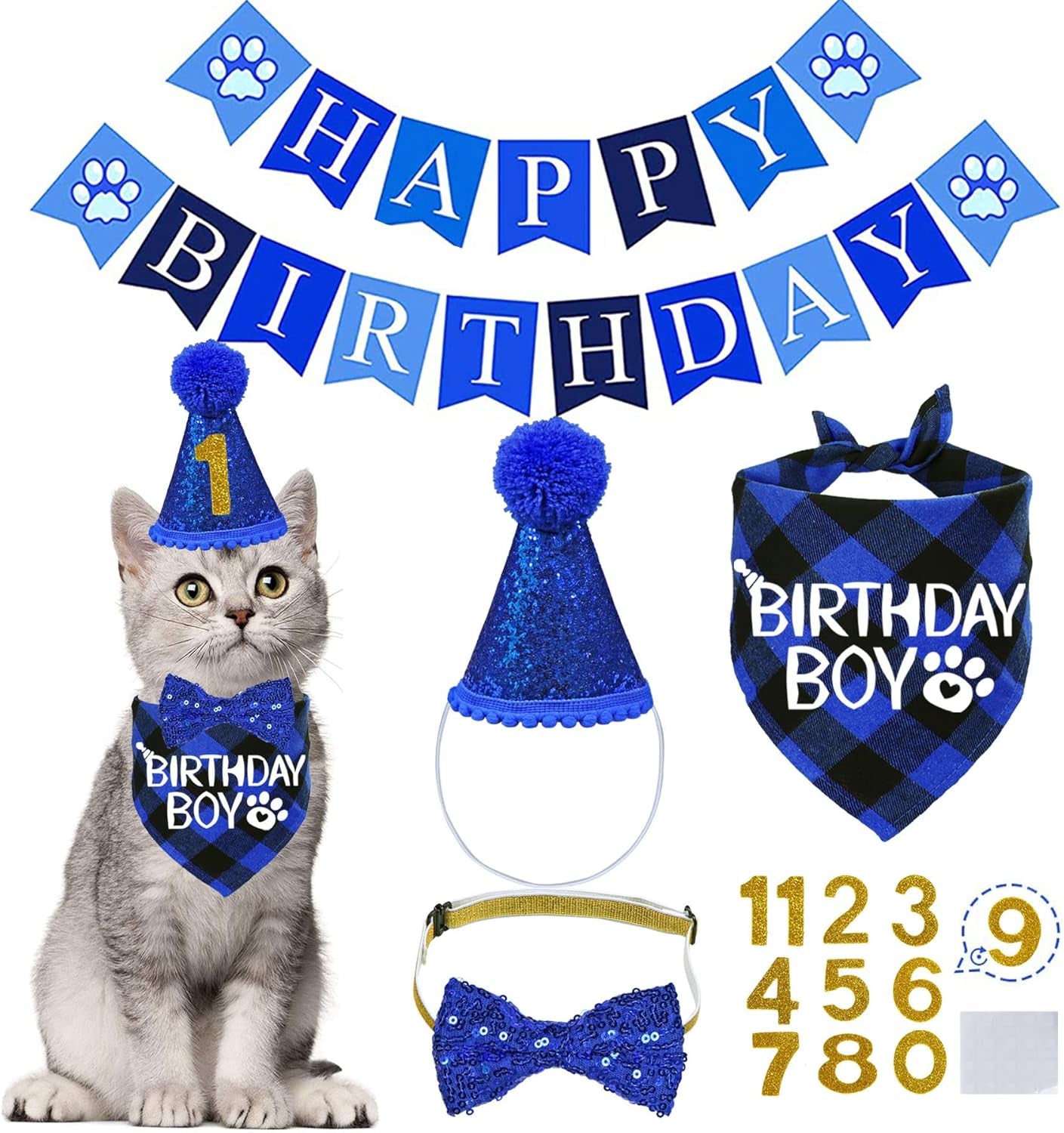 Cat Birthday Party Supplies, Cat Birthday Hat with Numbers Bandana Bow Tie Collar Banner for Cats Kittens Birthday Outfit Decorations