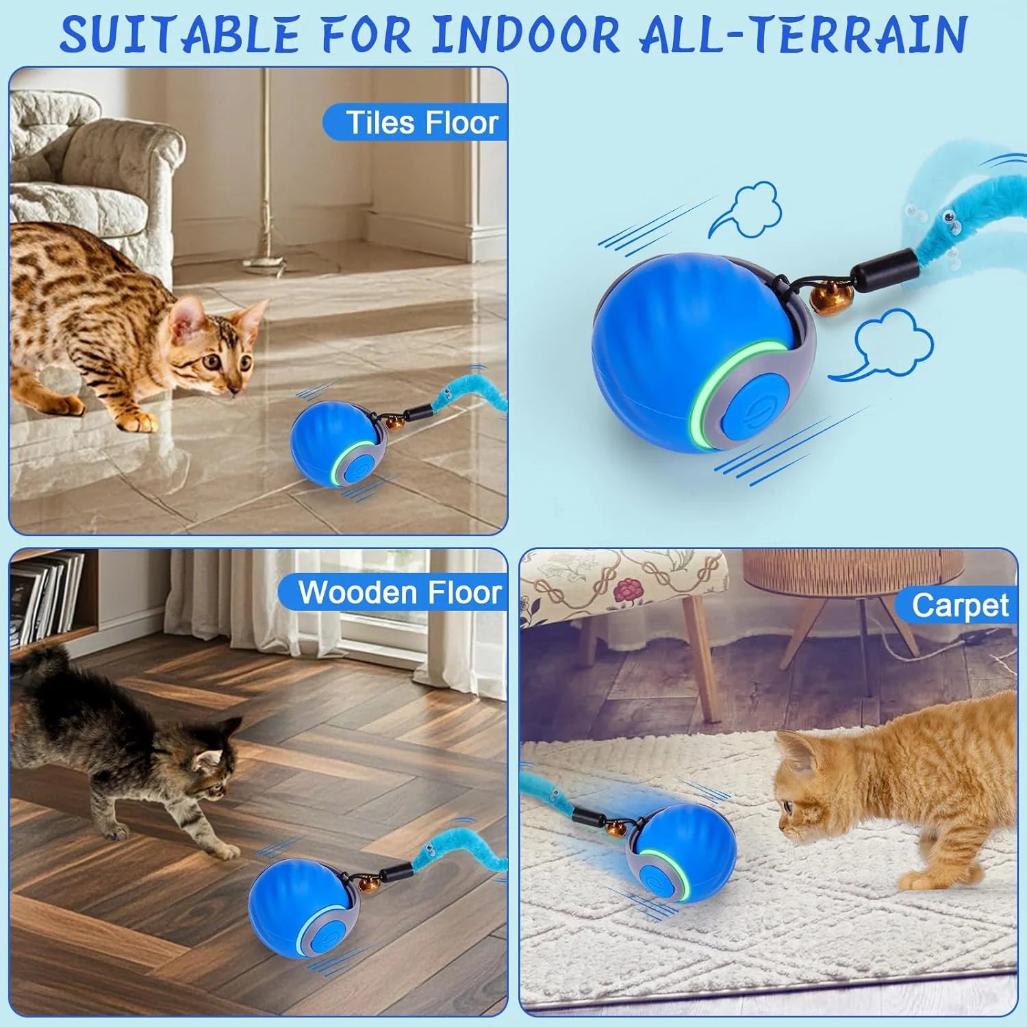 OEIKPFN Cat Toys for Indoor Cat Toy Smart Interactive Cat Toy Ball Rechargeable Two Speed Adjustment for Bored Indoor, Blue