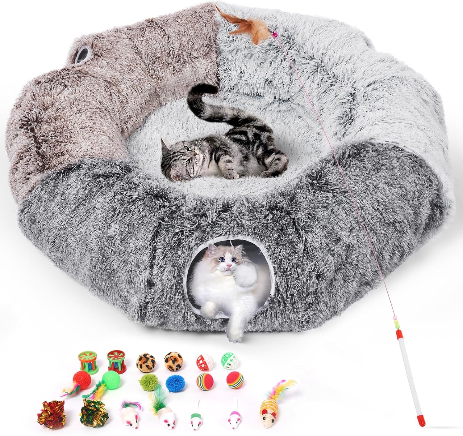 Large Cats Tunnels for Indoor Cats Fluffy Warm Cat Bed and Detachable Cave Tunnels with 20 Pet Toys, Donut Tunnel and Variety Kitten Toy Set for Playing