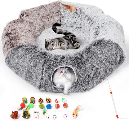 Large Cats Tunnels for Indoor Cats Fluffy Warm Cat Bed and Detachable Cave Tunnels with 20 Pet Toys, Donut Tunnel and Variety Kitten Toy Set for Playing