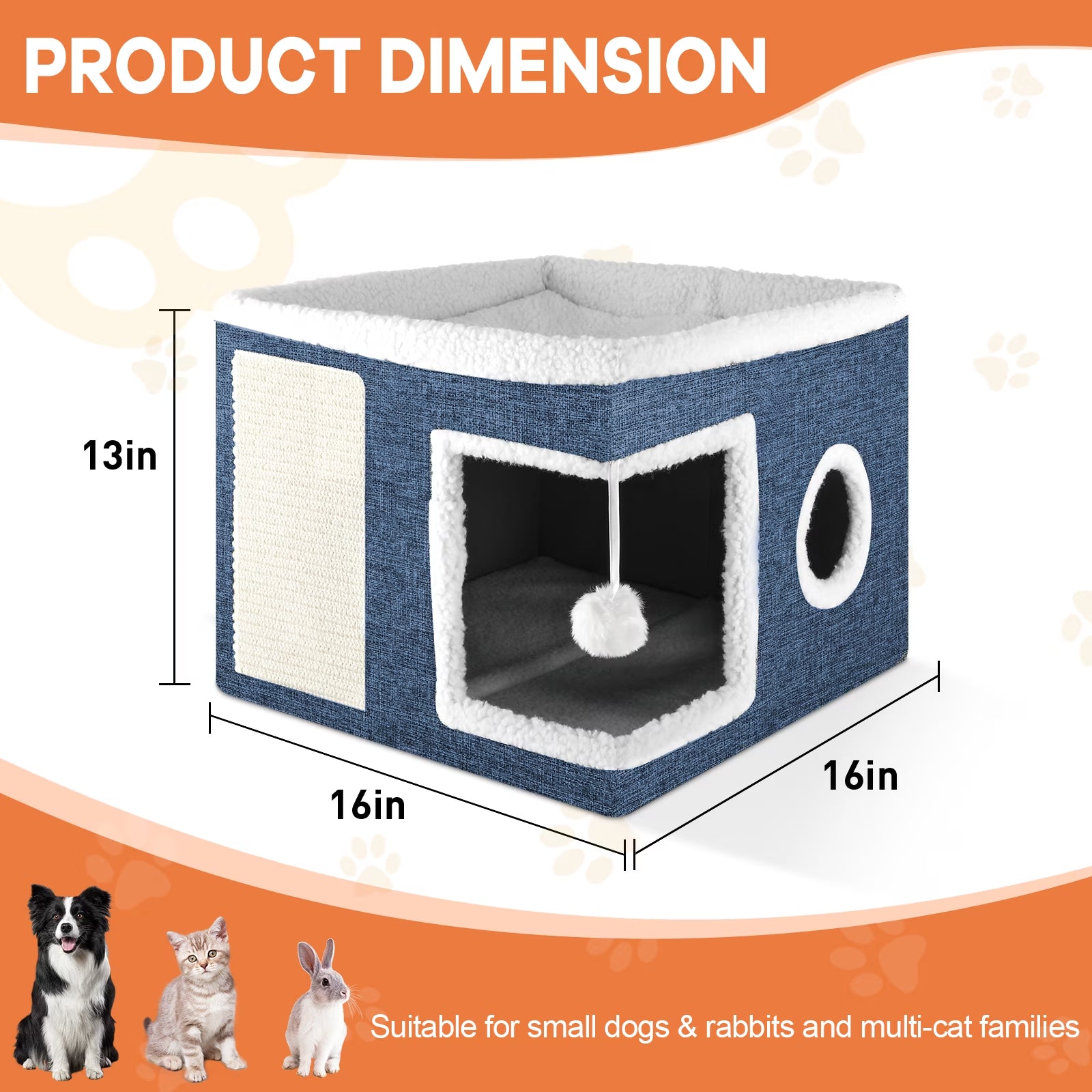 Cat Bed  Cat House for Indoor Cats with 2 Cushion, Large Cat Cave with Scratch Pad and Fluffy Ball Hanging,Blue