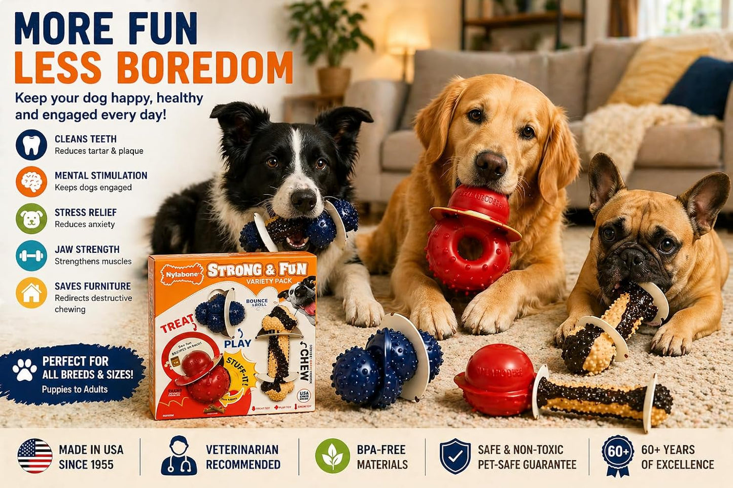 Tough Dog Chew Variety Pack, 3 Count | Long-Lasting Nylon Satisfies Aggressive Chewers, Promotes Dental Health, Reduces Destructive Behavior,Vet-Recommended