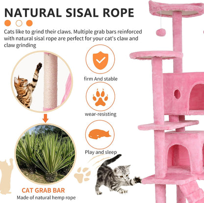 | 70" Cat Tree Tower | Pink | Sturdy, Easy to Assemble, Multi-Level Activity Center with Sisal Scratching Posts, Condos, Perches, Hanging Cat Toys, Observation Decks & Ladder