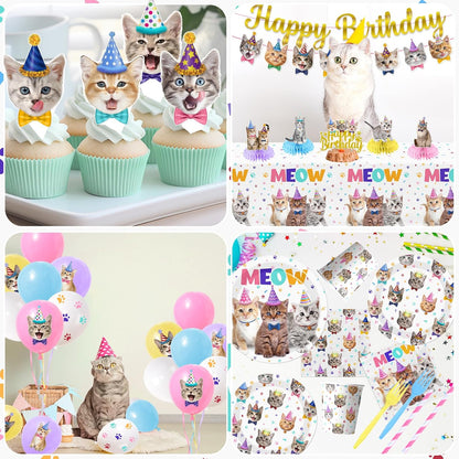 Cat Birthday Decorations,189Pcs Cat Party Decorations Cat Birthday Plates and Napkins Cups Tablecloth Cake Topper Hanging Swirls Centerpiece Balloon for Ca T Party Supplies