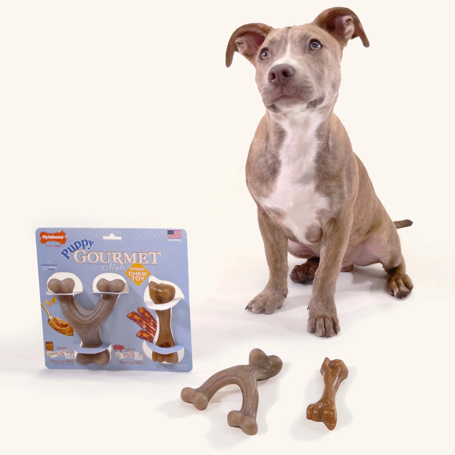 Strong Chew Gourmet Style Wishbone & Femur Bone Dog Toy, Dog Chew Toy, Peanut Butter & Bacon Flavor, Small, 2 Pack