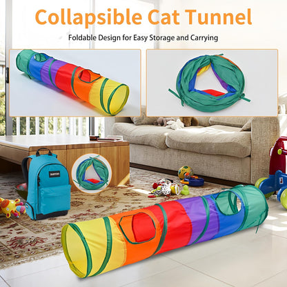 25 Pcs Cat Toys Set, Cat Tunnel Toy for Indoor Cats, Kittens | Interactive Variety Pack, 45" Rainbow Cat Tunnel, Feather Teaser, Feather Golf, Mice, Springs, Balls, Noise Toys - Colorful