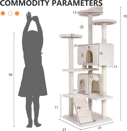 70" Cat Tree for Indoor Cats - Multi-Level Tower Kitten to Large Cats - Heavy Duty Scratching Post, Condo, Plush Perch, Beige