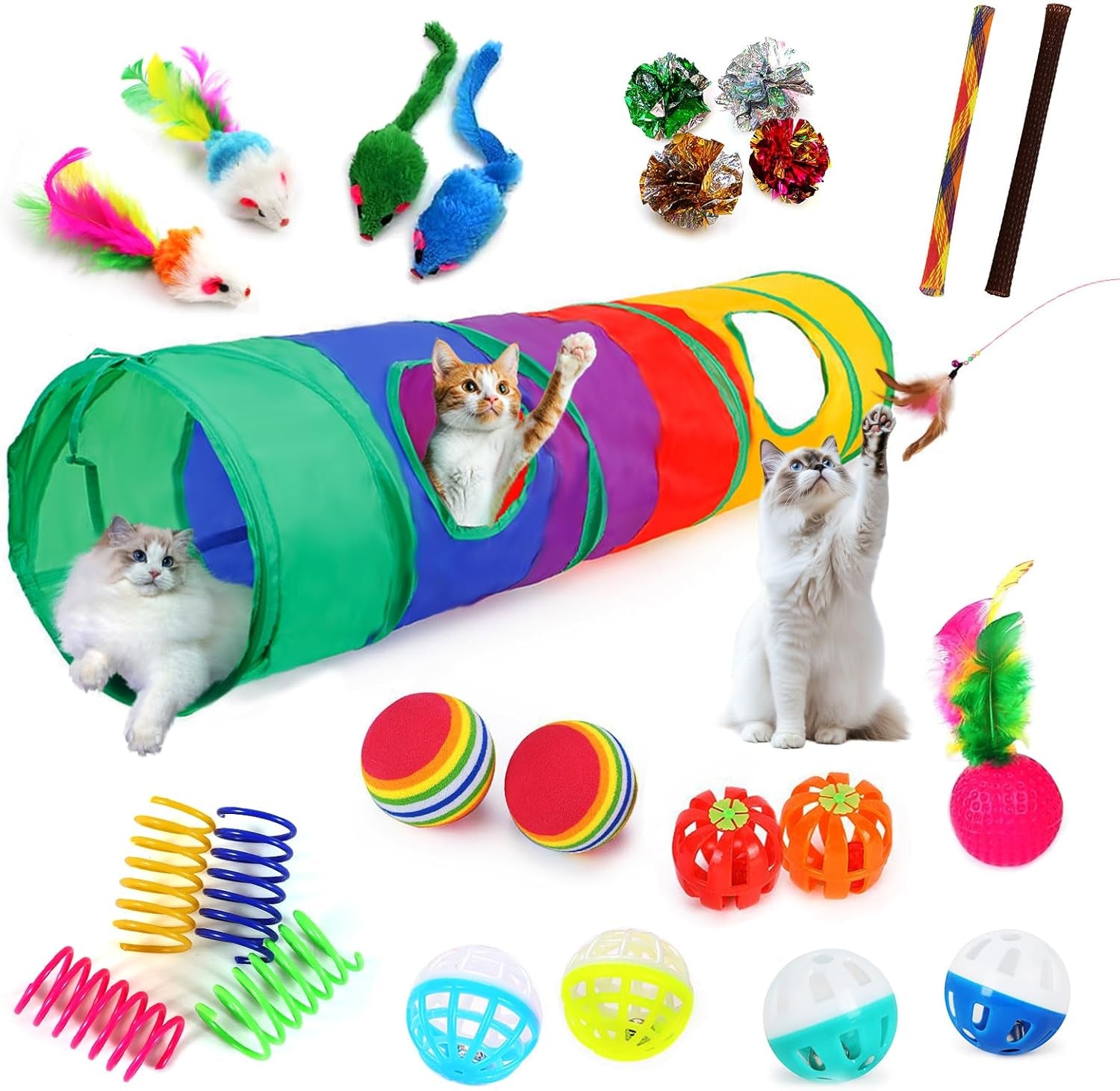25 Pcs Cat Toys Set, Cat Tunnel Toy for Indoor Cats, Kittens | Interactive Variety Pack, 45" Rainbow Cat Tunnel, Feather Teaser, Feather Golf, Mice, Springs, Balls, Noise Toys - Colorful