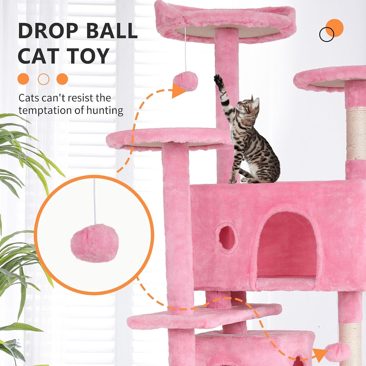 | 70" Cat Tree Tower | Pink | Sturdy, Easy to Assemble, Multi-Level Activity Center with Sisal Scratching Posts, Condos, Perches, Hanging Cat Toys, Observation Decks & Ladder