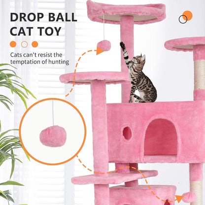 | 70" Cat Tree Tower | Pink | Sturdy, Easy to Assemble, Multi-Level Activity Center with Sisal Scratching Posts, Condos, Perches, Hanging Cat Toys, Observation Decks & Ladder