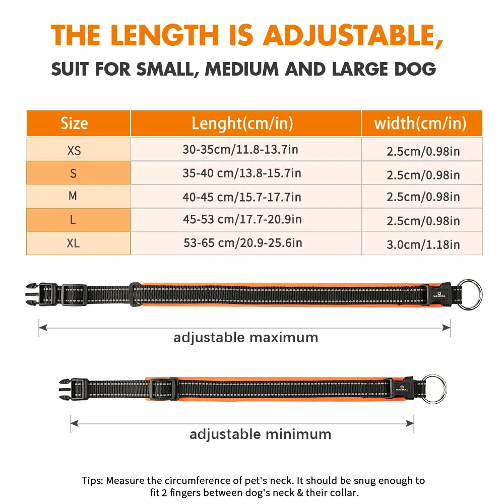 Dog Collar with Dog Tag Reflective Soft Neoprene Padded Breathable and Adjustable, Odour Resistant and Fast Drying-Orange-M