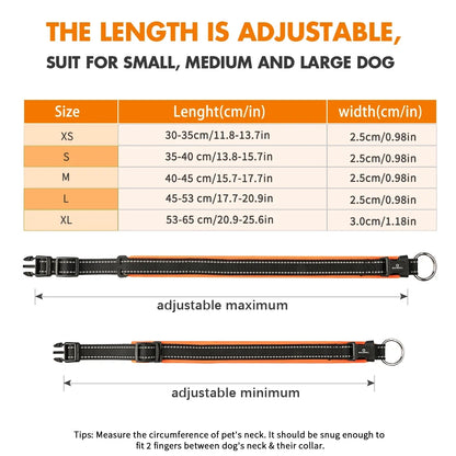 Dog Collar with Dog Tag Reflective Soft Neoprene Padded Breathable and Adjustable, Odour Resistant and Fast Drying-Orange-M