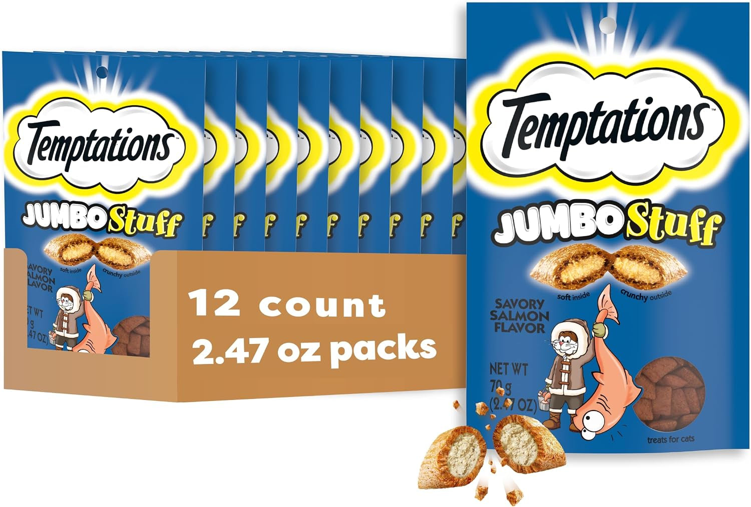 Jumbo Stuff Crunchy & Soft Cat Treats, Salmon, 2.5 Oz, 12 Pack | Crunchy Outside, Soft Inside, under 2 Calories per Treat, Resealable Stay-Fresh Pouches, 100% Complete & Balanced