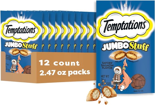 Jumbo Stuff Crunchy & Soft Cat Treats, Salmon, 2.5 Oz, 12 Pack | Crunchy Outside, Soft Inside, under 2 Calories per Treat, Resealable Stay-Fresh Pouches, 100% Complete & Balanced