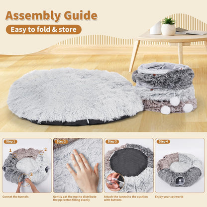 Large Cats Tunnels for Indoor Cats Fluffy Warm Cat Bed and Detachable Cave Tunnels with 20 Pet Toys, Donut Tunnel and Variety Kitten Toy Set for Playing