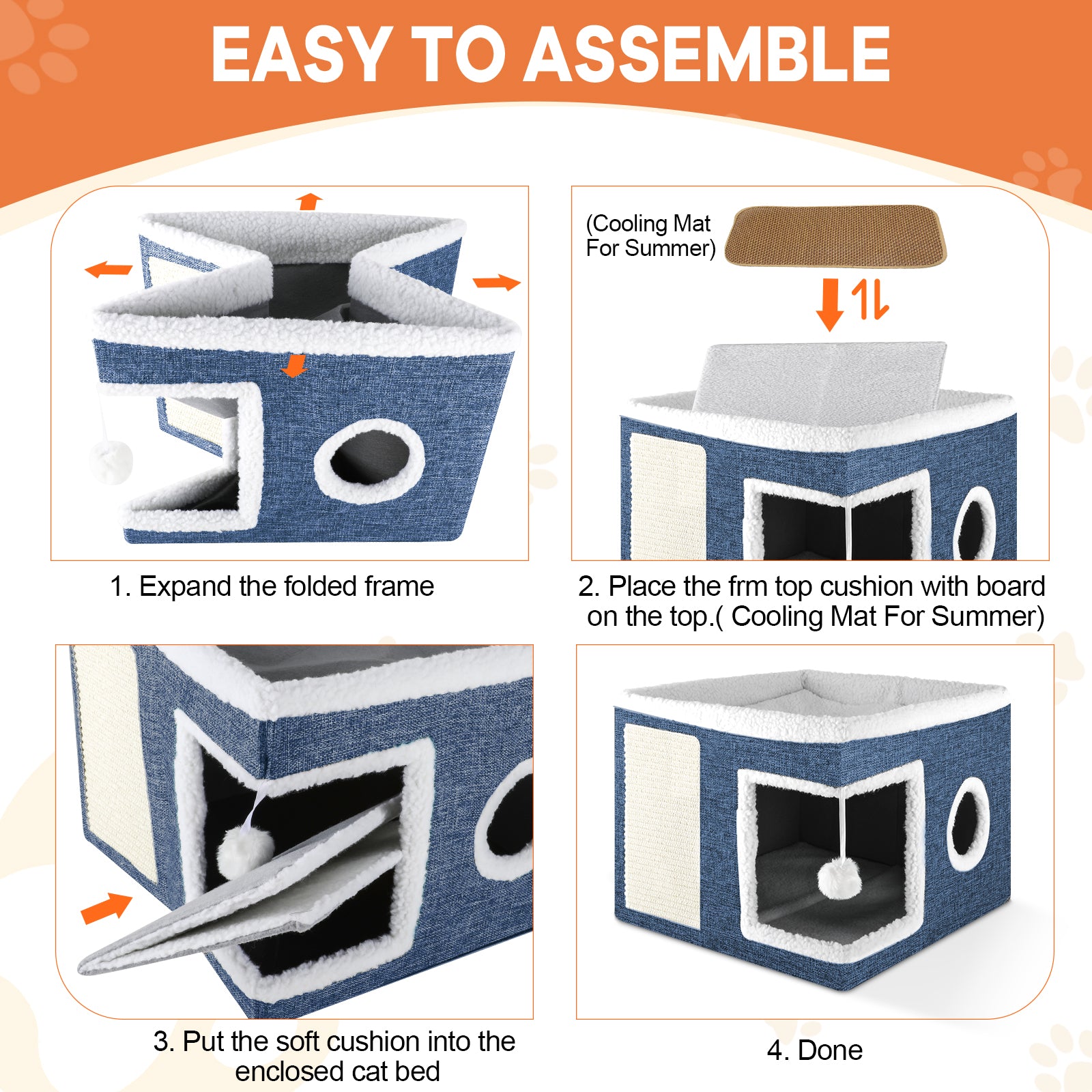 Cat Bed  Cat House for Indoor Cats with 2 Cushion, Large Cat Cave with Scratch Pad and Fluffy Ball Hanging,Blue