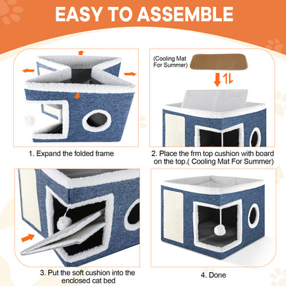 Cat Bed  Cat House for Indoor Cats with 2 Cushion, Large Cat Cave with Scratch Pad and Fluffy Ball Hanging,Blue