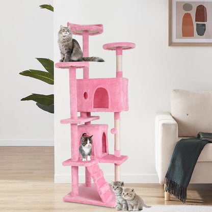 | 70" Cat Tree Tower | Pink | Sturdy, Easy to Assemble, Multi-Level Activity Center with Sisal Scratching Posts, Condos, Perches, Hanging Cat Toys, Observation Decks & Ladder