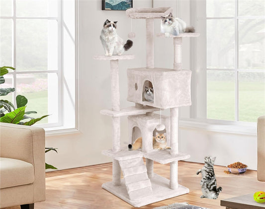 70" Cat Tree for Indoor Cats - Multi-Level Tower Kitten to Large Cats - Heavy Duty Scratching Post, Condo, Plush Perch, Beige