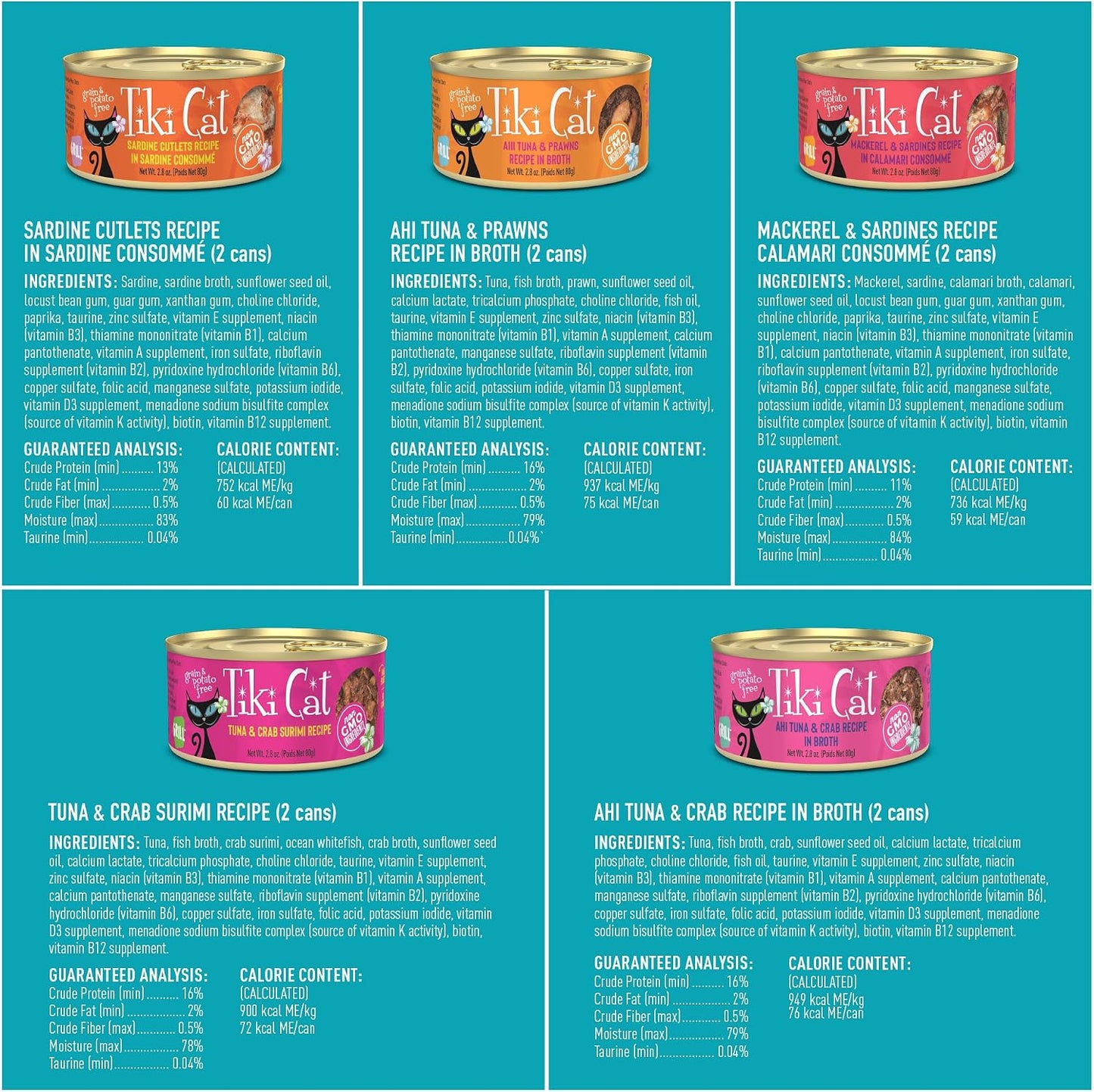 Tiki Cat Seafood Selects Variety Pack, High Protein with Real Flaked Fish, Wet Cat Food Mega Pack for Adult Cats, 2.8Oz. Can (24 Count)