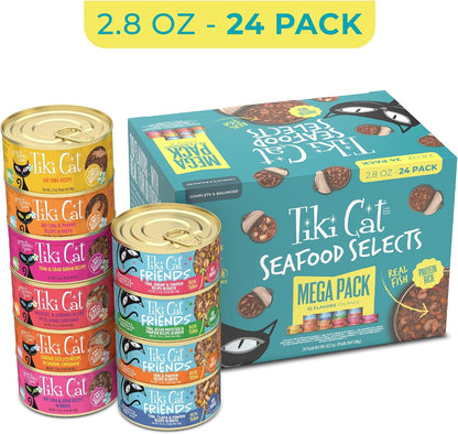 Tiki Cat Seafood Selects Variety Pack, High Protein with Real Flaked Fish, Wet Cat Food Mega Pack for Adult Cats, 2.8Oz. Can (24 Count)
