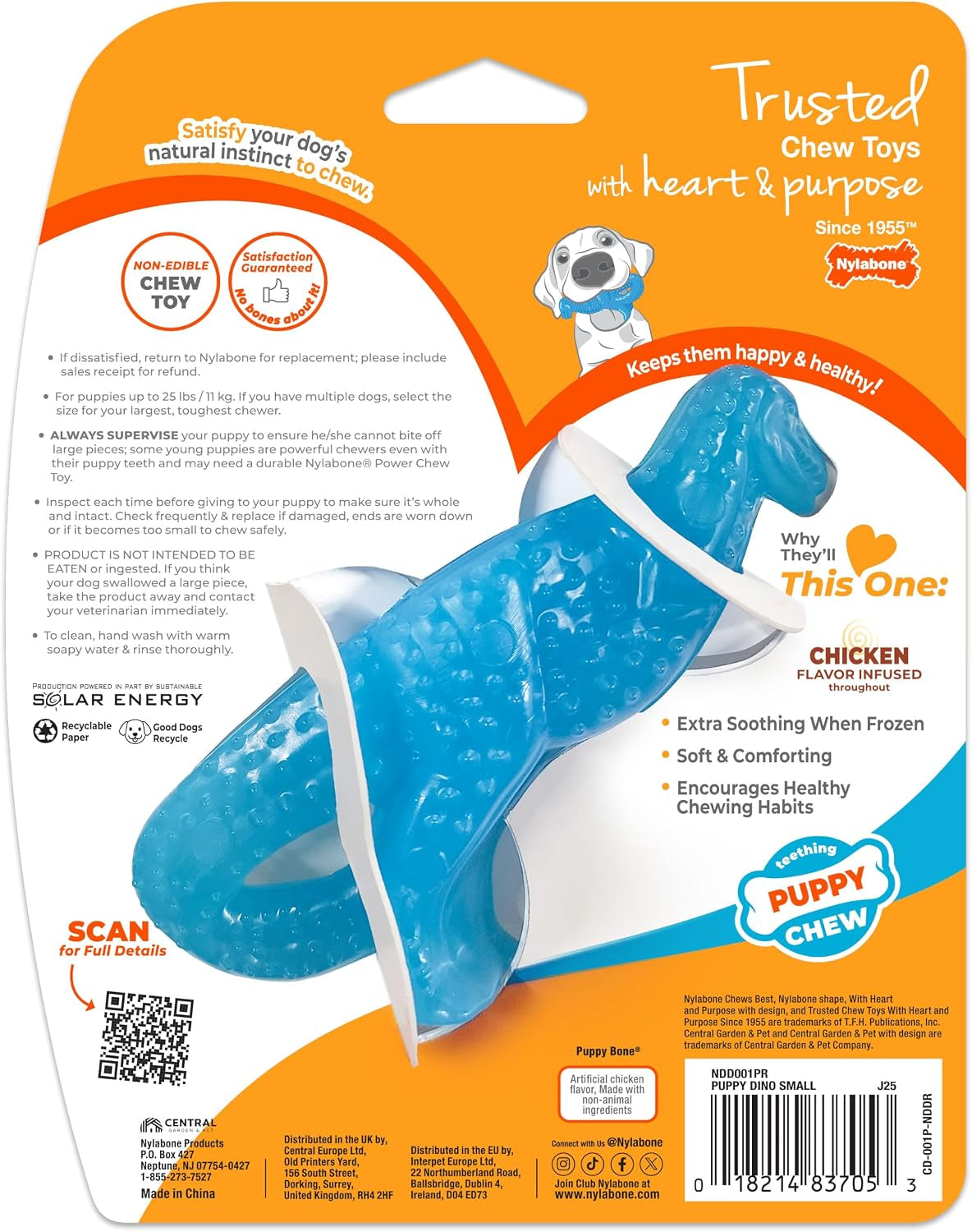 Puppy Chew Dental Dinosaur Dog Chew Toy, Chicken Flavor, Small | Soothing Teething Toys for Puppies, Puppy Enrichment & Teething Relief, Freeze for Added Comfort, up to 25 Lbs