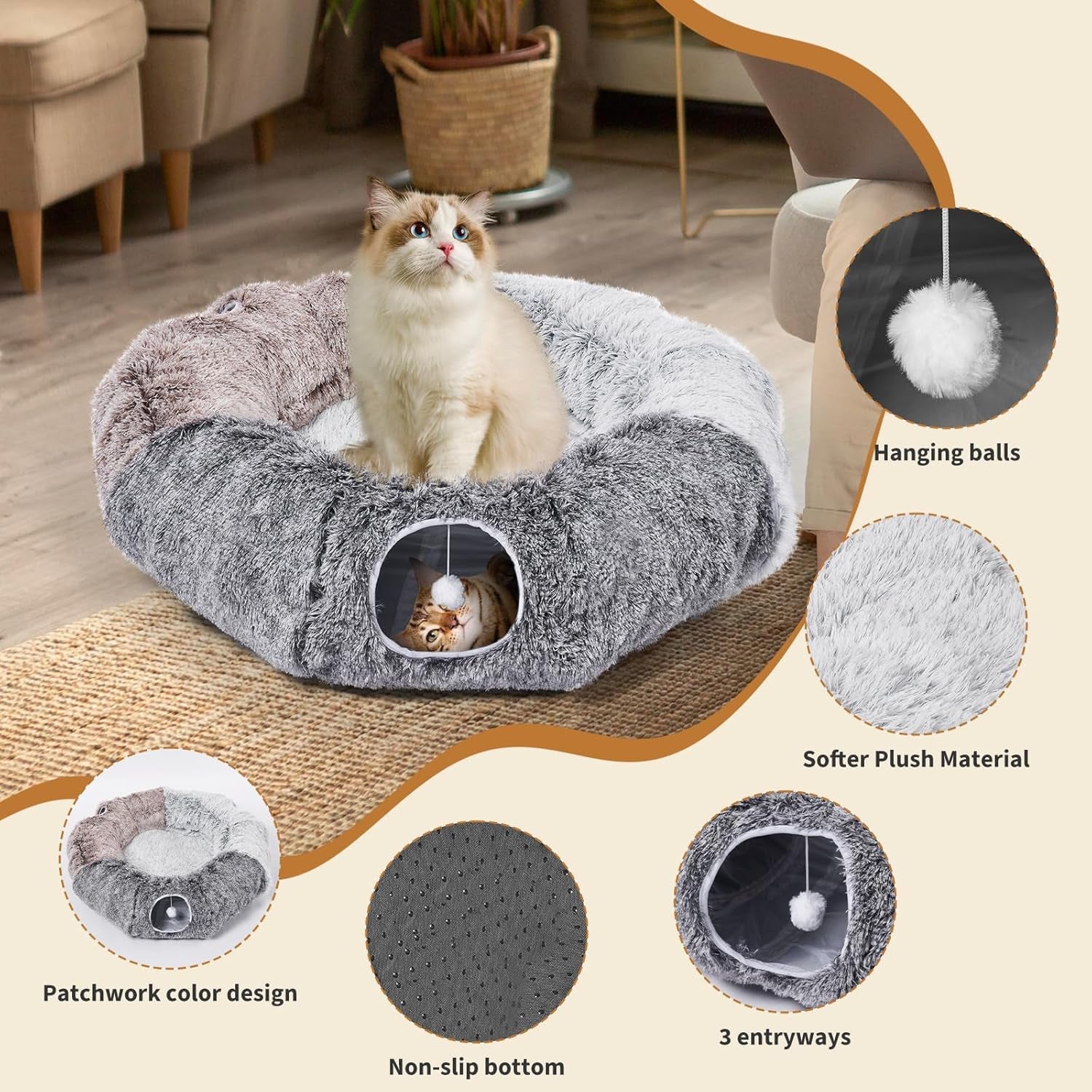 Large Cats Tunnels for Indoor Cats Fluffy Warm Cat Bed and Detachable Cave Tunnels with 20 Pet Toys, Donut Tunnel and Variety Kitten Toy Set for Playing