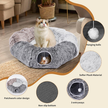Large Cats Tunnels for Indoor Cats Fluffy Warm Cat Bed and Detachable Cave Tunnels with 20 Pet Toys, Donut Tunnel and Variety Kitten Toy Set for Playing