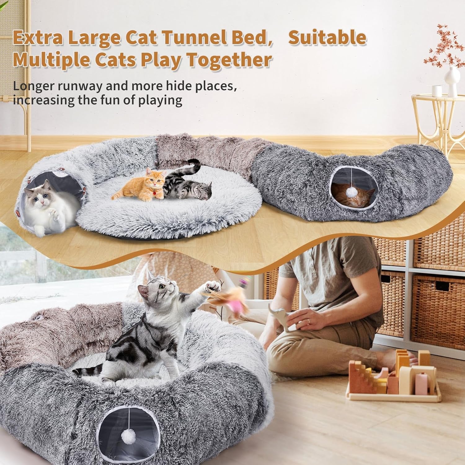 Large Cats Tunnels for Indoor Cats Fluffy Warm Cat Bed and Detachable Cave Tunnels with 20 Pet Toys, Donut Tunnel and Variety Kitten Toy Set for Playing