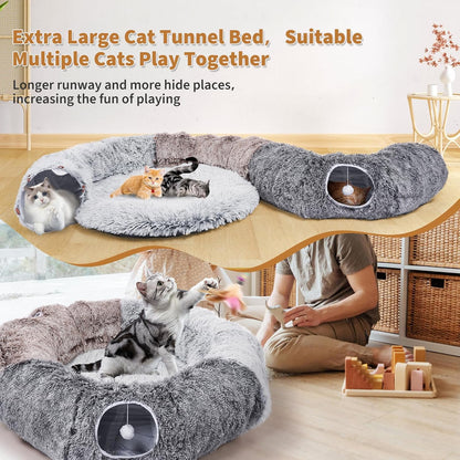 Large Cats Tunnels for Indoor Cats Fluffy Warm Cat Bed and Detachable Cave Tunnels with 20 Pet Toys, Donut Tunnel and Variety Kitten Toy Set for Playing