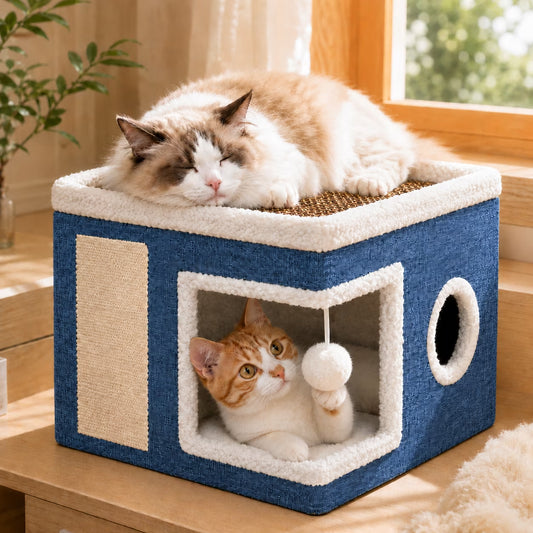 Cat Bed  Cat House for Indoor Cats with 2 Cushion, Large Cat Cave with Scratch Pad and Fluffy Ball Hanging,Blue