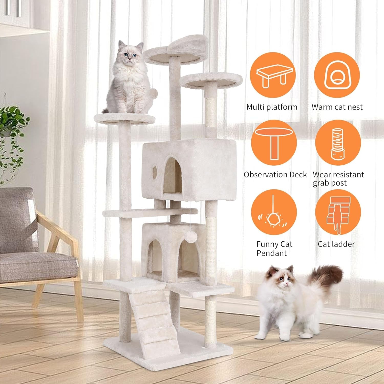 70" Cat Tree for Indoor Cats - Multi-Level Tower Kitten to Large Cats - Heavy Duty Scratching Post, Condo, Plush Perch, Beige
