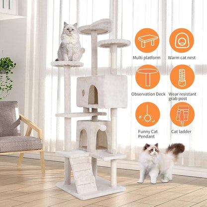 70" Cat Tree for Indoor Cats - Multi-Level Tower Kitten to Large Cats - Heavy Duty Scratching Post, Condo, Plush Perch, Beige