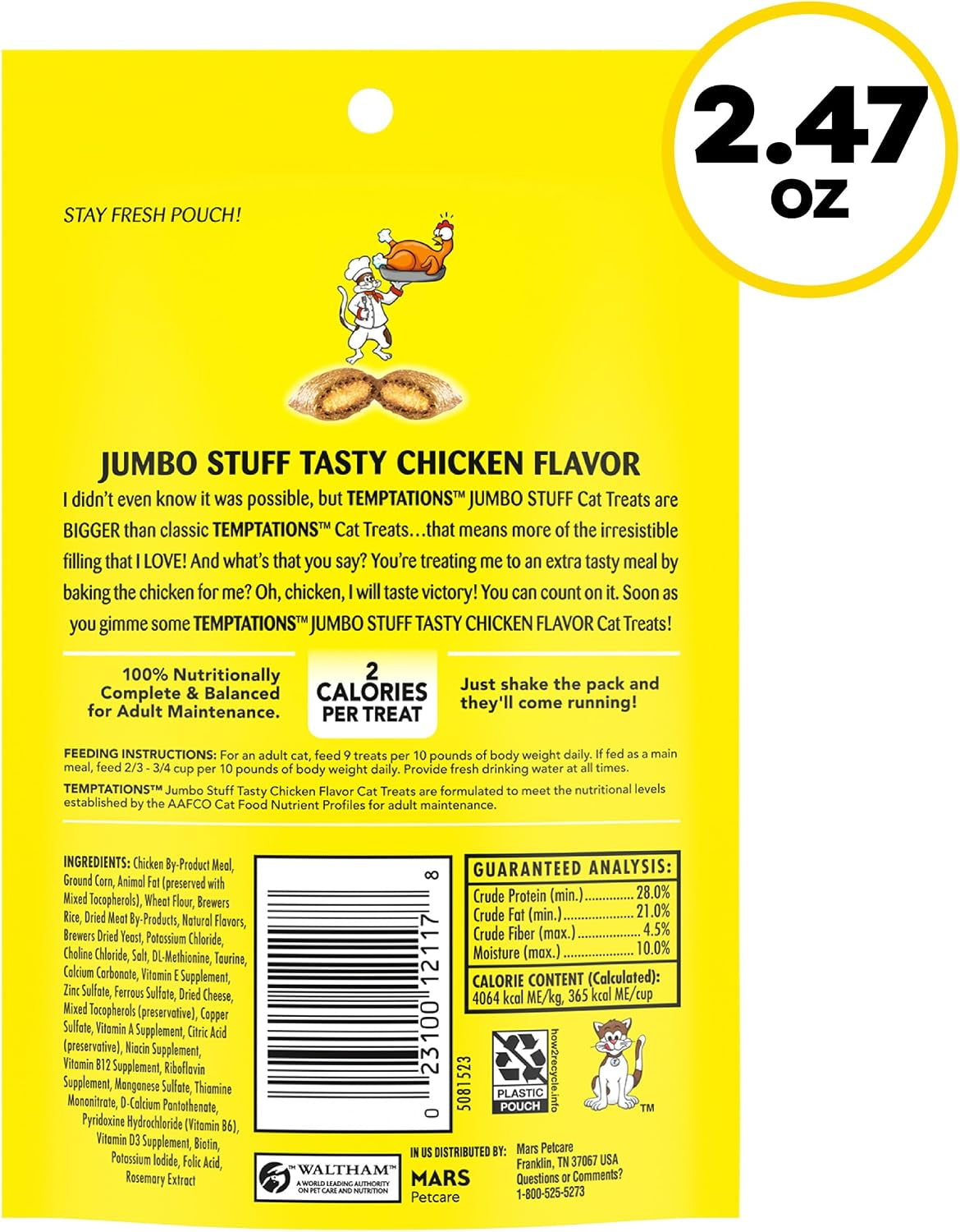 Jumbo Stuff Crunchy & Soft Cat Treats, Chicken, 2.5 Oz, 12 Pack | Crunchy Outside, Soft Inside, under 2 Calories per Treat, Resealable Stay-Fresh Pouches, 100% Complete & Balanced