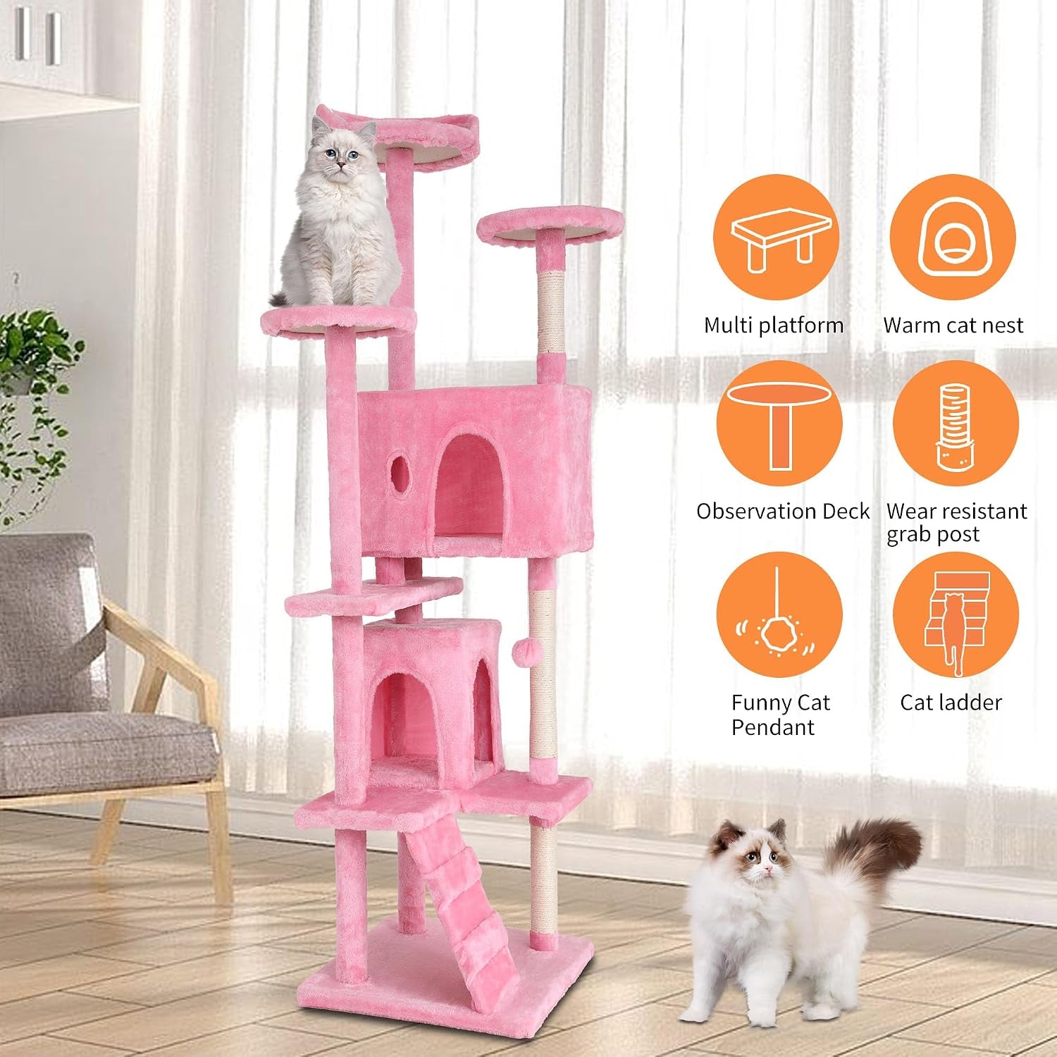 | 70" Cat Tree Tower | Pink | Sturdy, Easy to Assemble, Multi-Level Activity Center with Sisal Scratching Posts, Condos, Perches, Hanging Cat Toys, Observation Decks & Ladder