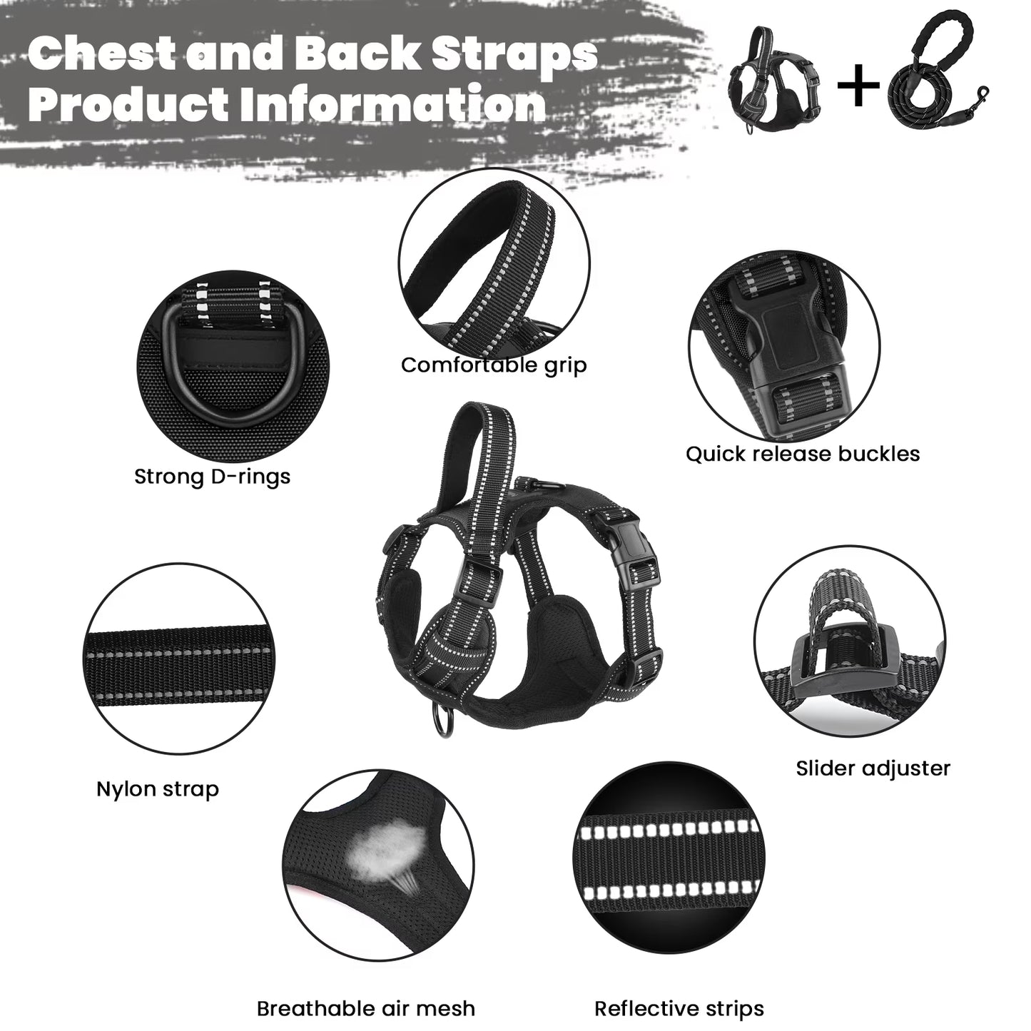 Dog Harness and Leash Set, No Pull Vest Harness, Reflective Adjustable Soft Padded Pet Harness with Handle for Small to Large Dogs