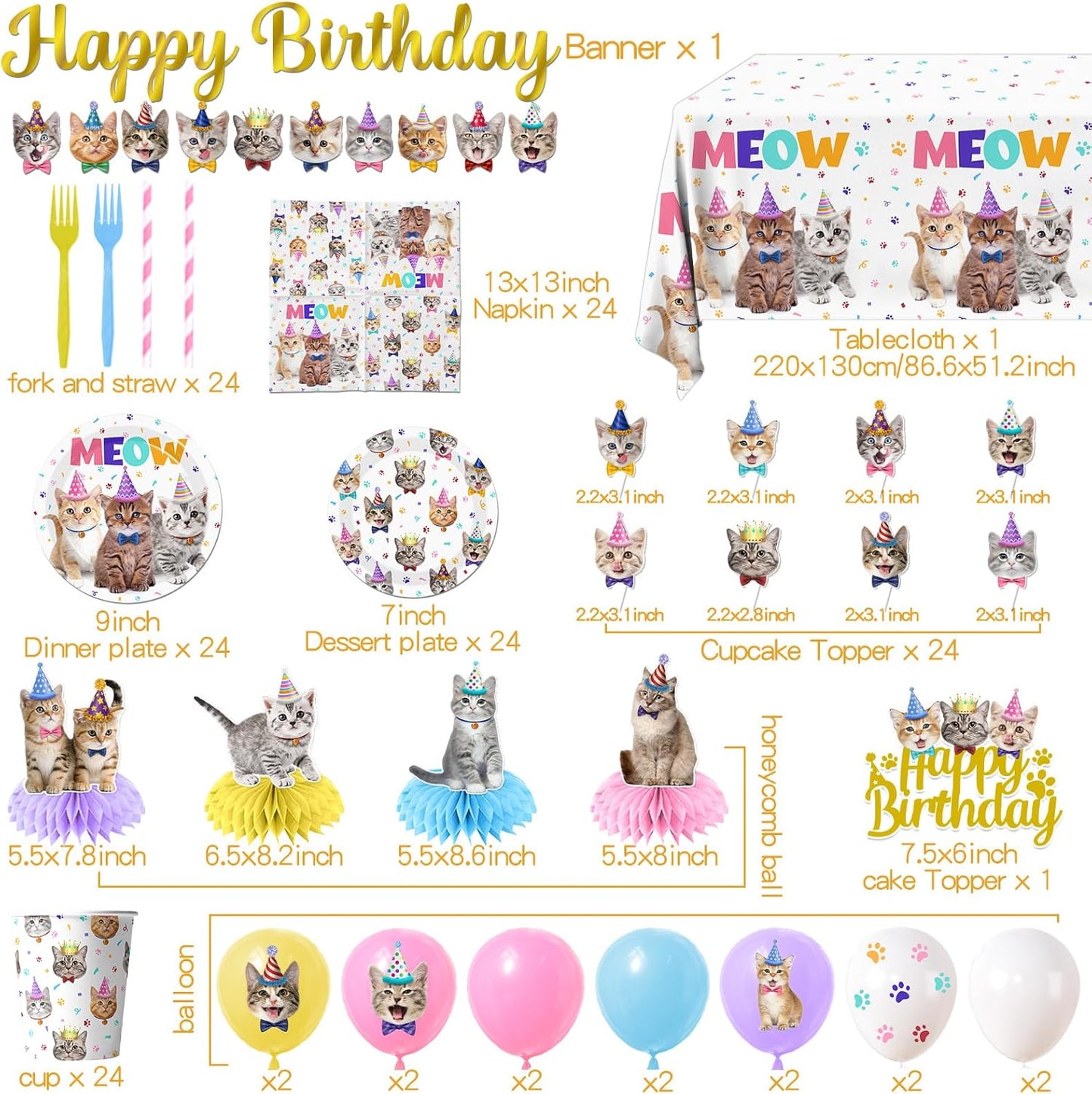 Cat Birthday Decorations,189Pcs Cat Party Decorations Cat Birthday Plates and Napkins Cups Tablecloth Cake Topper Hanging Swirls Centerpiece Balloon for Ca T Party Supplies