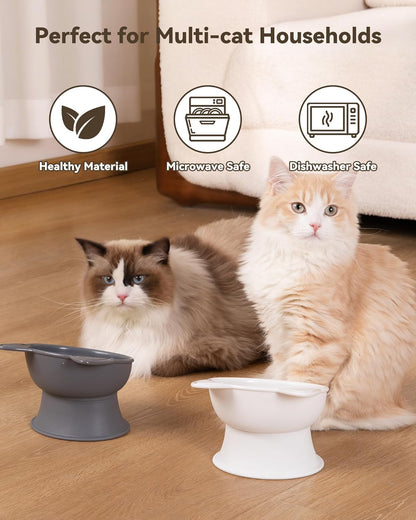 2 Pack Elevated Cat Food Bowls for Indoor Cats & Kittens | Raised Food and Water Bowl Set, Whisker Friendly & anti Vomit Feeding Pet Bowls, 6 Oz Each, Dishwasher Safe - White & Grey