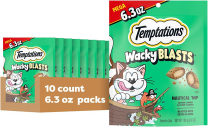 Wacky Blasts Cat Treats, Nautical 'Nip Flavor, 6.3 Oz, 10 Pack | Salmon, Shrimp & Catnip Flavor Bits, Crunchy Outside/Soft Inside, under 2 Cal per Treat, 100% Complete Nutrition, Resealable